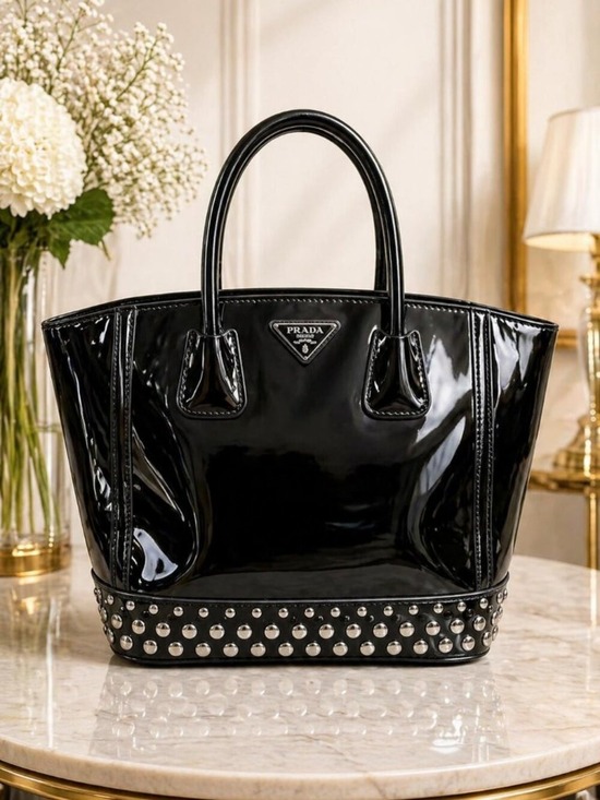 Prada Handbags - Authentic Prada Patent Leather Studded Tote Black Spazzolato Shoulder Bag